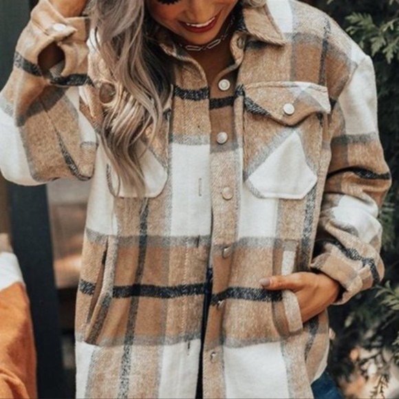 Plaid Flannel Button Shirt Jacket Shacket New Tan Oversized Pockets Wool NEW - Picture 7 of 7